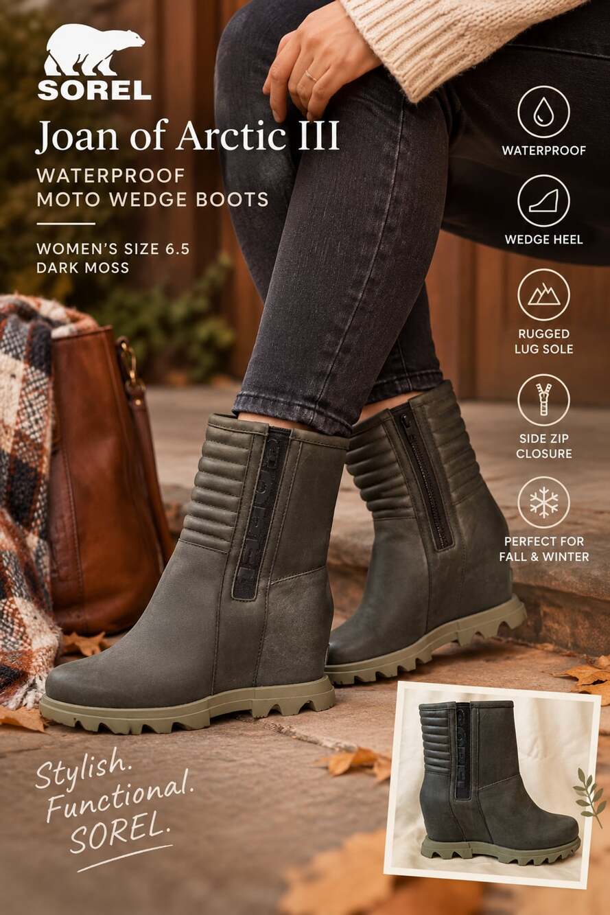 SOREL Joan of Arctic III Waterproof Moto Wedge Boots Women’s 6.5 Dark Moss
